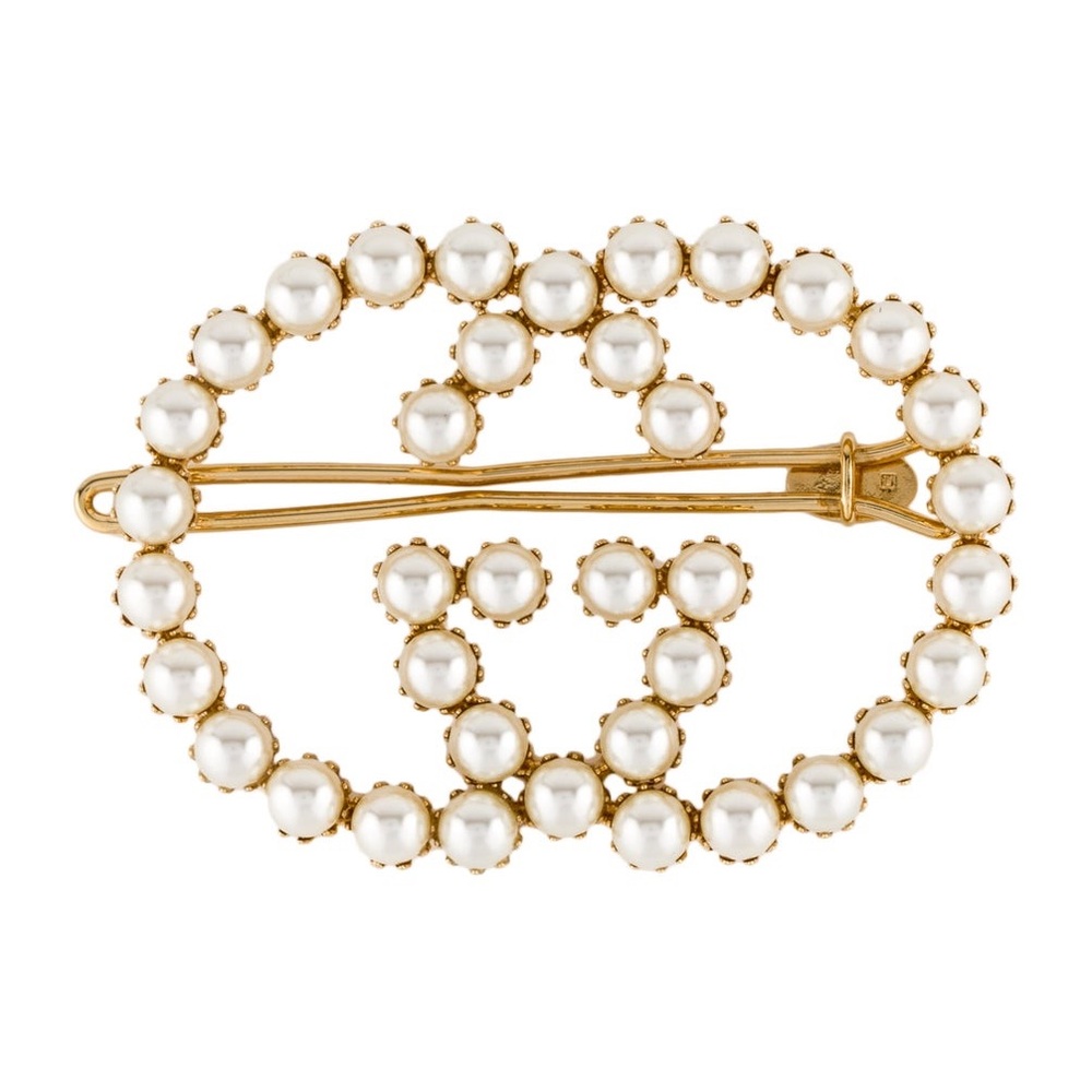Pearl-Embellished Gold Logo Brooch - Designer Style